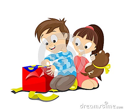 Happy kids with Christmas gifts. Vector Illustration